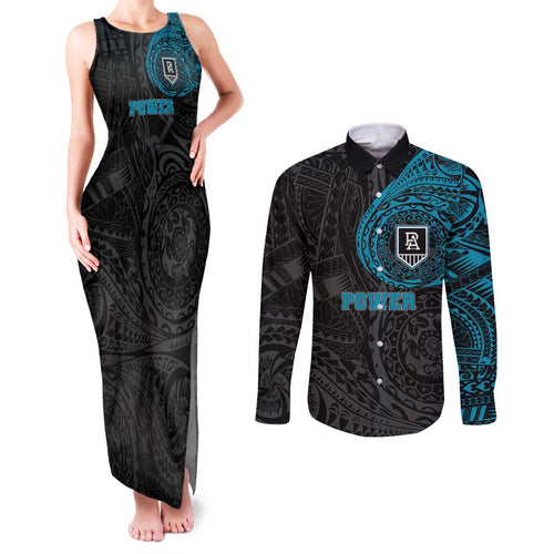 Personalized Port Adelaide Power Polynesian Couples Matching Tank Maxi Dress and Long Sleeve Button Shirt Tribal Chest and Sleeve Tattoo Heritage Warrior