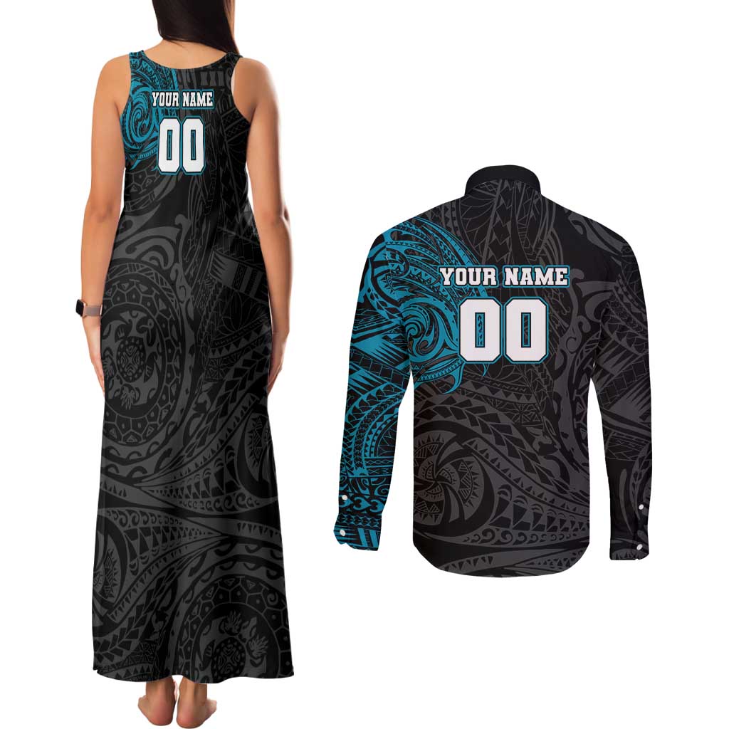 Personalized Port Adelaide Power Polynesian Couples Matching Tank Maxi Dress and Long Sleeve Button Shirt Tribal Chest and Sleeve Tattoo Heritage Warrior