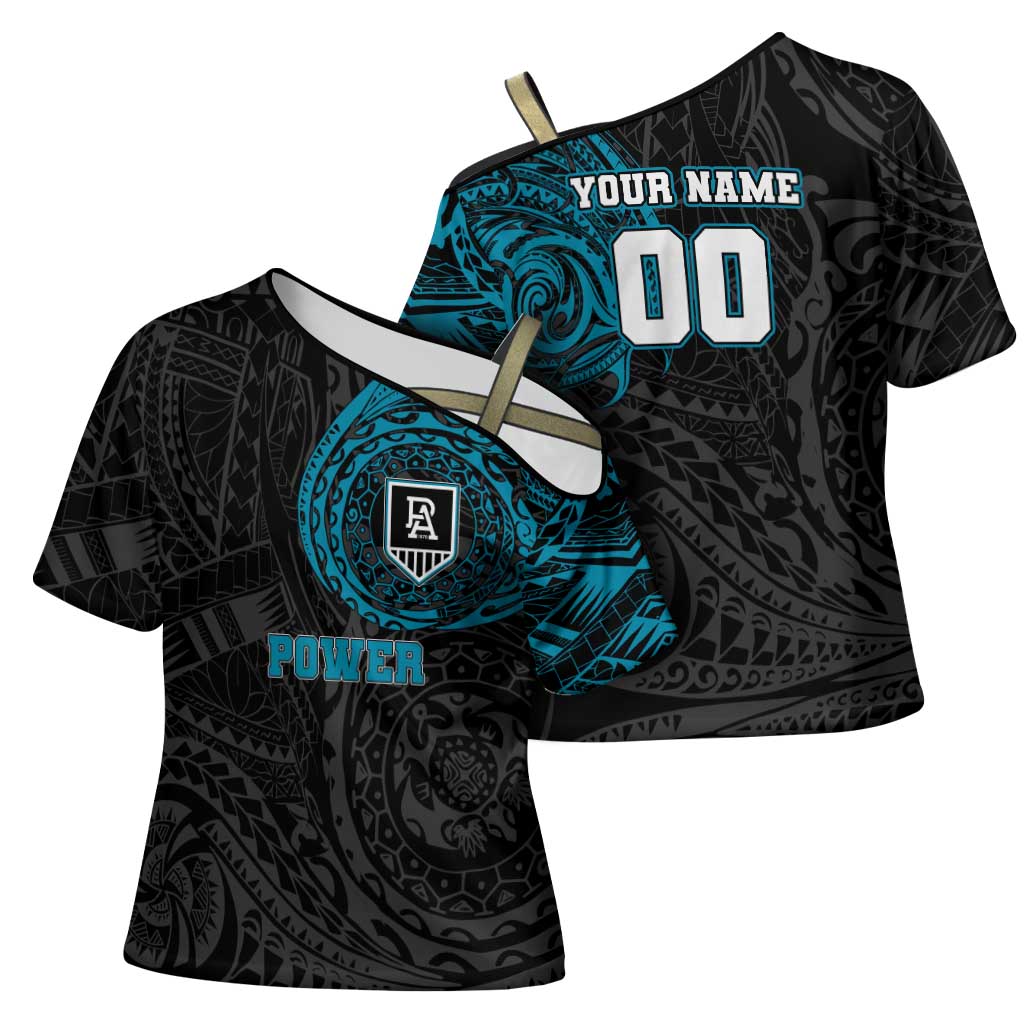 Personalized Port Adelaide Power Polynesian Cross Shoulder Shirt Tribal Chest and Sleeve Tattoo Heritage Warrior