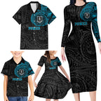 Personalized Port Adelaide Power Polynesian Family Matching Long Sleeve Bodycon Dress and Hawaiian Shirt Tribal Chest and Sleeve Tattoo Heritage Warrior