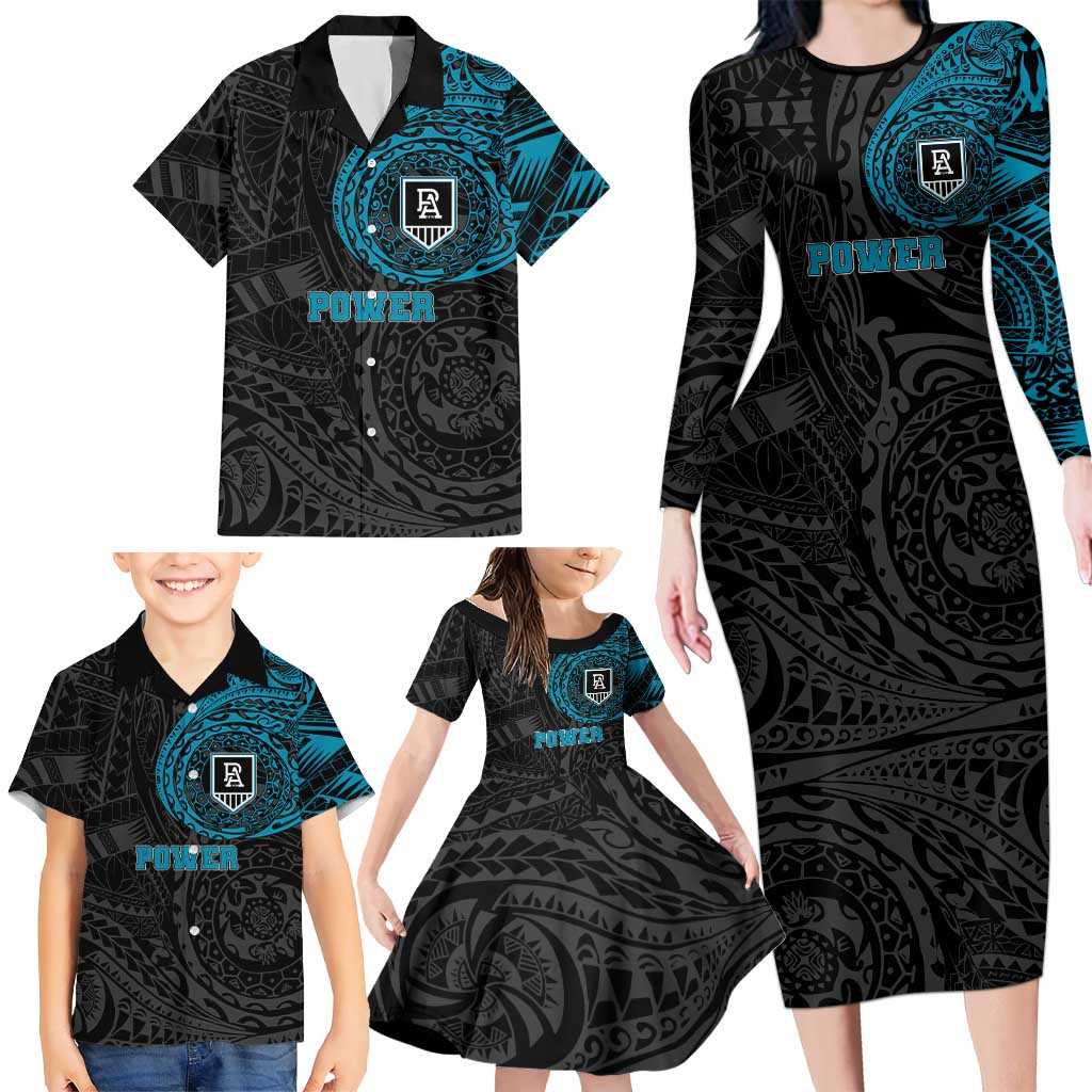 Personalized Port Adelaide Power Polynesian Family Matching Long Sleeve Bodycon Dress and Hawaiian Shirt Tribal Chest and Sleeve Tattoo Heritage Warrior