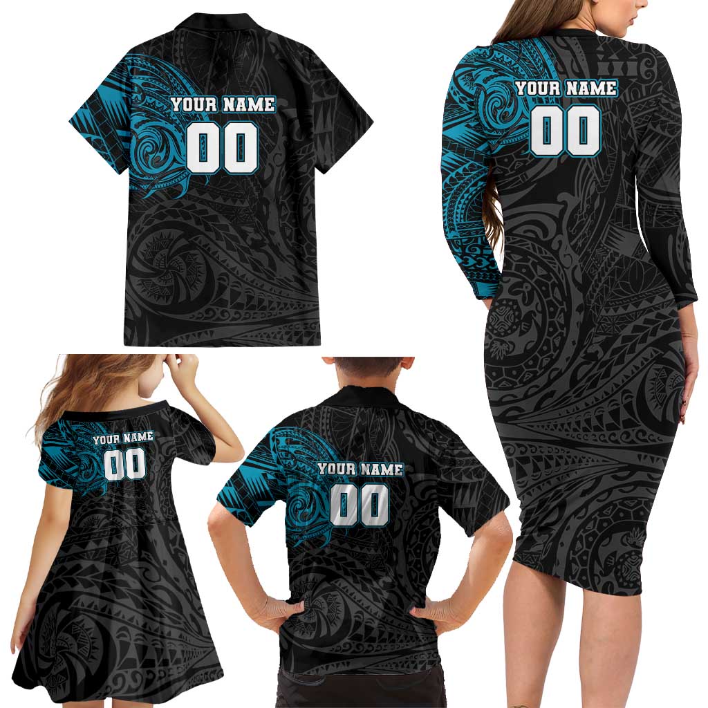 Personalized Port Adelaide Power Polynesian Family Matching Long Sleeve Bodycon Dress and Hawaiian Shirt Tribal Chest and Sleeve Tattoo Heritage Warrior