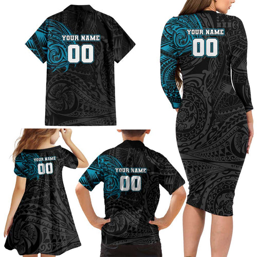 Personalized Port Adelaide Power Polynesian Family Matching Long Sleeve Bodycon Dress and Hawaiian Shirt Tribal Chest and Sleeve Tattoo Heritage Warrior