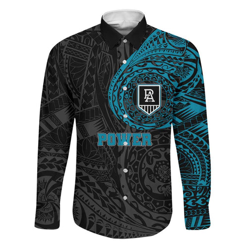 Personalized Port Adelaide Power Polynesian Family Matching Long Sleeve Bodycon Dress and Hawaiian Shirt Tribal Chest and Sleeve Tattoo Heritage Warrior