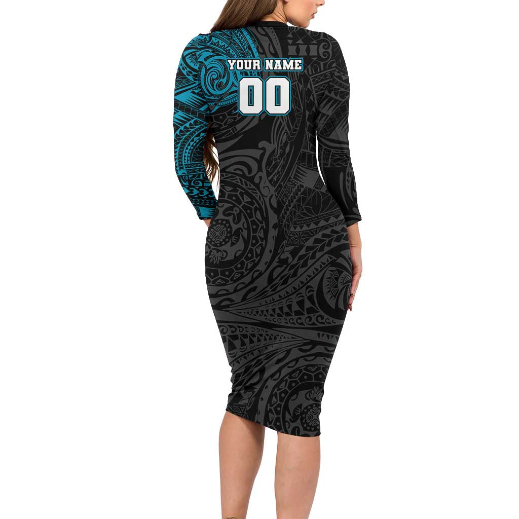 Personalized Port Adelaide Power Polynesian Family Matching Long Sleeve Bodycon Dress and Hawaiian Shirt Tribal Chest and Sleeve Tattoo Heritage Warrior
