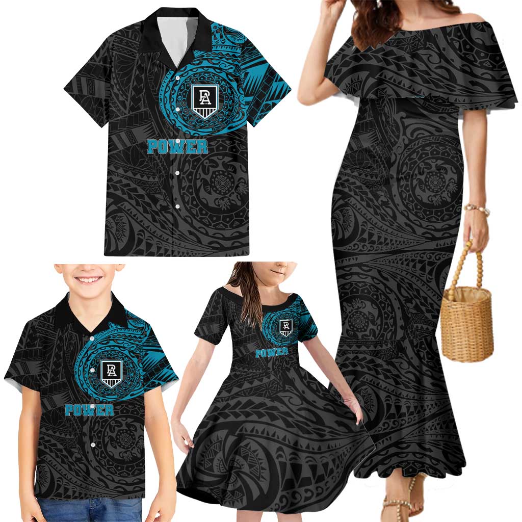 Personalized Port Adelaide Power Polynesian Family Matching Mermaid Dress and Hawaiian Shirt Tribal Chest and Sleeve Tattoo Heritage Warrior