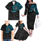 Personalized Port Adelaide Power Polynesian Family Matching Off The Shoulder Long Sleeve Dress and Hawaiian Shirt Tribal Chest and Sleeve Tattoo Heritage Warrior