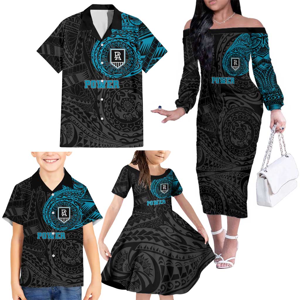 Personalized Port Adelaide Power Polynesian Family Matching Off The Shoulder Long Sleeve Dress and Hawaiian Shirt Tribal Chest and Sleeve Tattoo Heritage Warrior