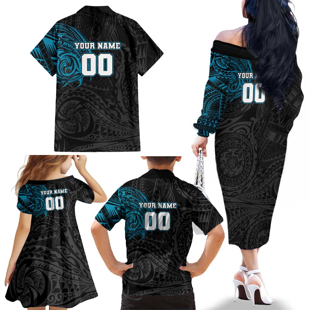 Personalized Port Adelaide Power Polynesian Family Matching Off The Shoulder Long Sleeve Dress and Hawaiian Shirt Tribal Chest and Sleeve Tattoo Heritage Warrior