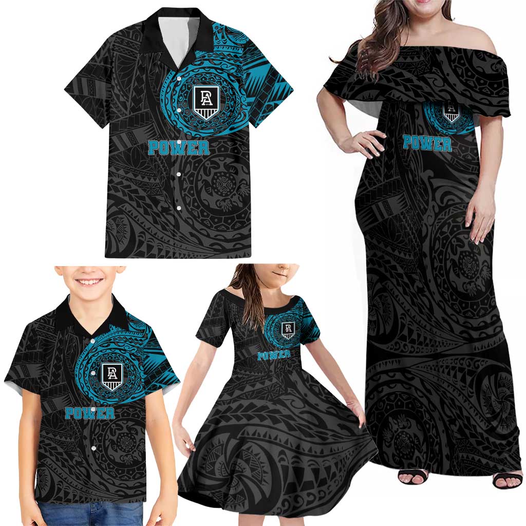Personalized Port Adelaide Power Polynesian Family Matching Off Shoulder Maxi Dress and Hawaiian Shirt Tribal Chest and Sleeve Tattoo Heritage Warrior