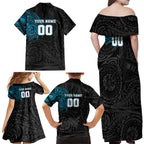 Personalized Port Adelaide Power Polynesian Family Matching Off Shoulder Maxi Dress and Hawaiian Shirt Tribal Chest and Sleeve Tattoo Heritage Warrior
