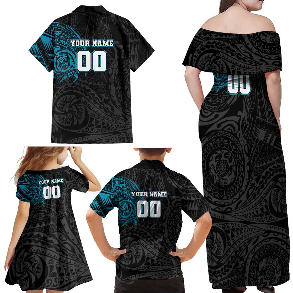 Personalized Port Adelaide Power Polynesian Family Matching Off Shoulder Maxi Dress and Hawaiian Shirt Tribal Chest and Sleeve Tattoo Heritage Warrior