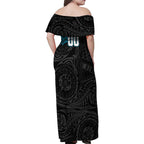 Personalized Port Adelaide Power Polynesian Family Matching Off Shoulder Maxi Dress and Hawaiian Shirt Tribal Chest and Sleeve Tattoo Heritage Warrior