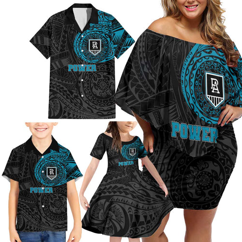 Personalized Port Adelaide Power Polynesian Family Matching Off Shoulder Short Dress and Hawaiian Shirt Tribal Chest and Sleeve Tattoo Heritage Warrior