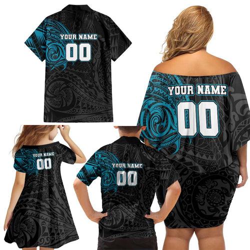Personalized Port Adelaide Power Polynesian Family Matching Off Shoulder Short Dress and Hawaiian Shirt Tribal Chest and Sleeve Tattoo Heritage Warrior