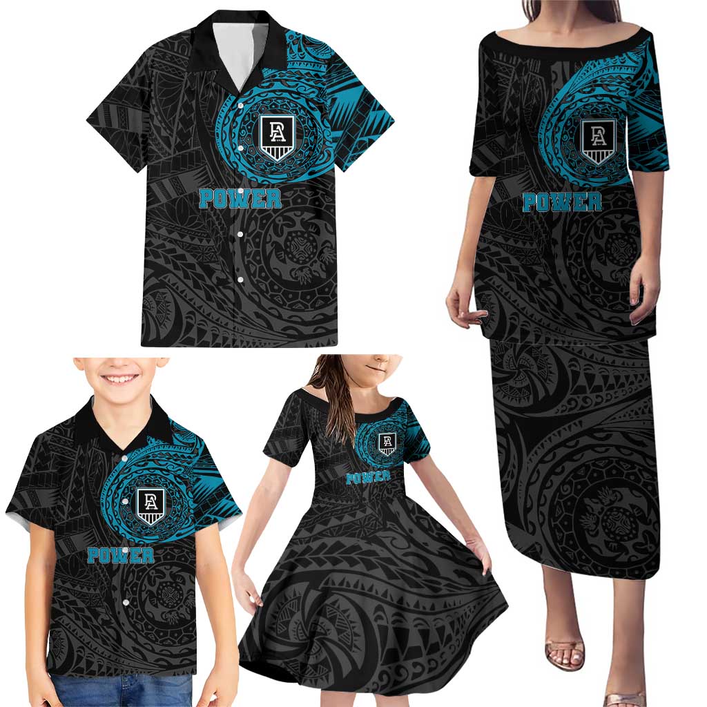 Personalized Port Adelaide Power Polynesian Family Matching Puletasi and Hawaiian Shirt Tribal Chest and Sleeve Tattoo Heritage Warrior
