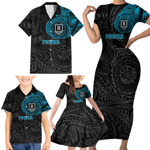 Personalized Port Adelaide Power Polynesian Family Matching Short Sleeve Bodycon Dress and Hawaiian Shirt Tribal Chest and Sleeve Tattoo Heritage Warrior