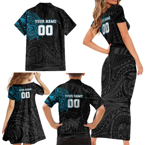 Personalized Port Adelaide Power Polynesian Family Matching Short Sleeve Bodycon Dress and Hawaiian Shirt Tribal Chest and Sleeve Tattoo Heritage Warrior