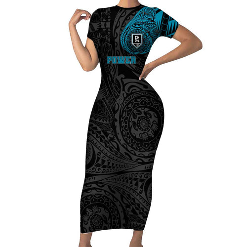Personalized Port Adelaide Power Polynesian Family Matching Short Sleeve Bodycon Dress and Hawaiian Shirt Tribal Chest and Sleeve Tattoo Heritage Warrior