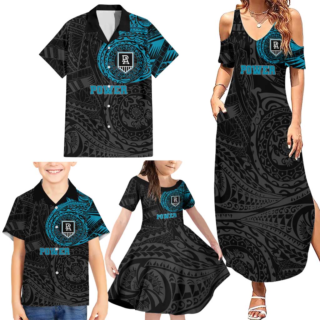 Personalized Port Adelaide Power Polynesian Family Matching Summer Maxi Dress and Hawaiian Shirt Tribal Chest and Sleeve Tattoo Heritage Warrior