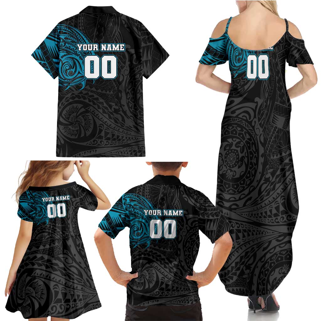 Personalized Port Adelaide Power Polynesian Family Matching Summer Maxi Dress and Hawaiian Shirt Tribal Chest and Sleeve Tattoo Heritage Warrior