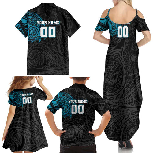 Personalized Port Adelaide Power Polynesian Family Matching Summer Maxi Dress and Hawaiian Shirt Tribal Chest and Sleeve Tattoo Heritage Warrior