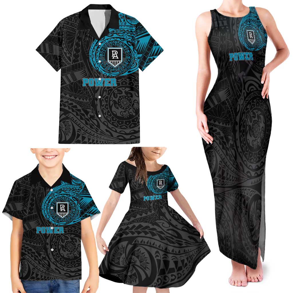Personalized Port Adelaide Power Polynesian Family Matching Tank Maxi Dress and Hawaiian Shirt Tribal Chest and Sleeve Tattoo Heritage Warrior