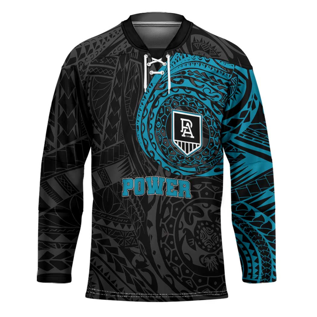 Personalized Port Adelaide Power Polynesian Hockey Jersey Tribal Chest and Sleeve Tattoo Heritage Warrior