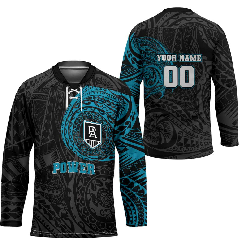 Personalized Port Adelaide Power Polynesian Hockey Jersey Tribal Chest and Sleeve Tattoo Heritage Warrior