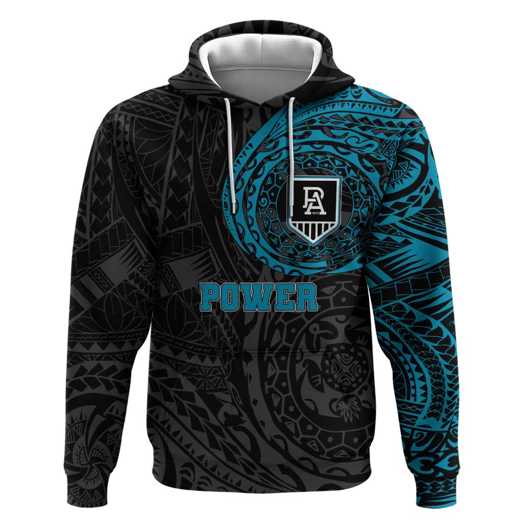 Personalized Port Adelaide Power Polynesian Hoodie Tribal Chest and Sleeve Tattoo Heritage Warrior