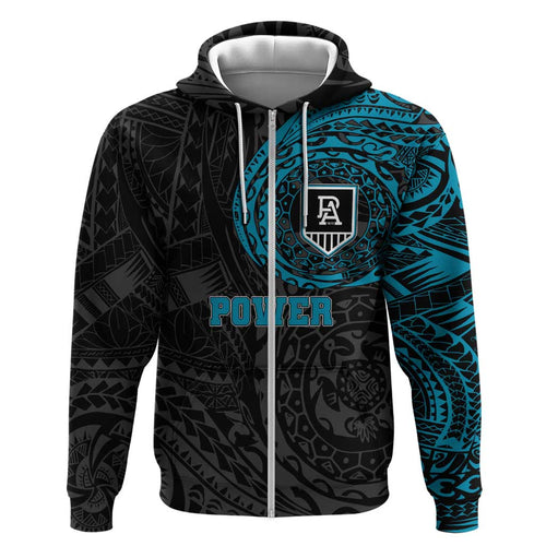 Personalized Port Adelaide Power Polynesian Hoodie Tribal Chest and Sleeve Tattoo Heritage Warrior