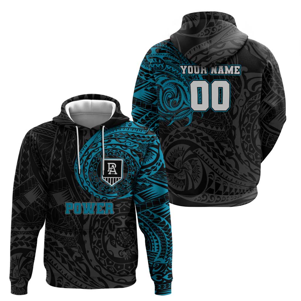 Personalized Port Adelaide Power Polynesian Hoodie Tribal Chest and Sleeve Tattoo Heritage Warrior