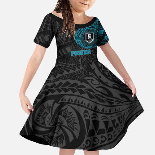 Personalized Port Adelaide Power Polynesian Kid Short Sleeve Dress Tribal Chest and Sleeve Tattoo Heritage Warrior