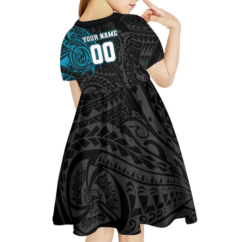 Personalized Port Adelaide Power Polynesian Kid Short Sleeve Dress Tribal Chest and Sleeve Tattoo Heritage Warrior