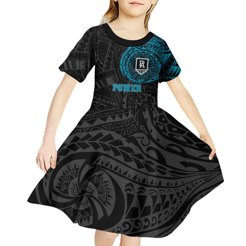 Personalized Port Adelaide Power Polynesian Kid Short Sleeve Dress Tribal Chest and Sleeve Tattoo Heritage Warrior