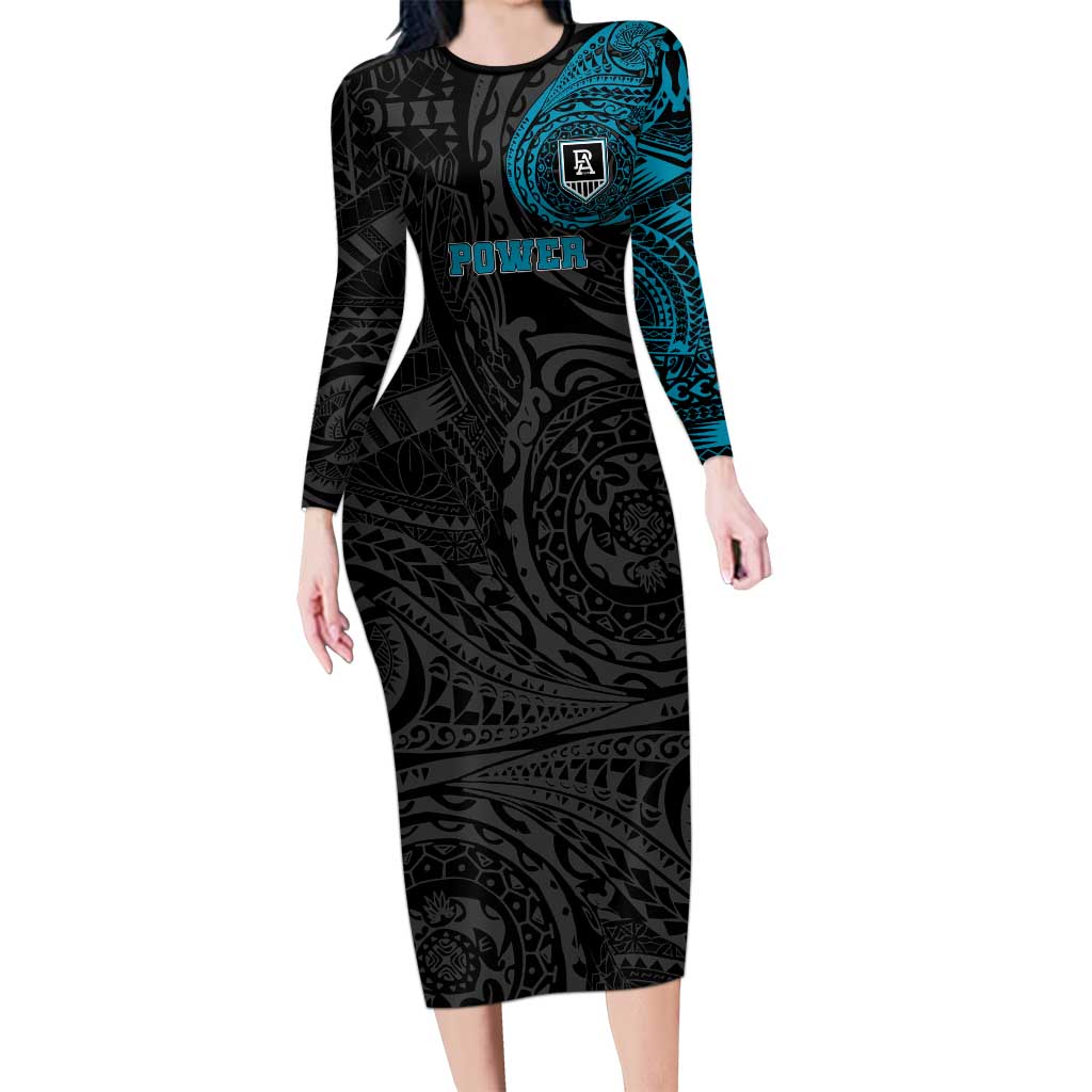 Personalized Port Adelaide Power Polynesian Long Sleeve Bodycon Dress Tribal Chest and Sleeve Tattoo Heritage Warrior