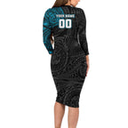 Personalized Port Adelaide Power Polynesian Long Sleeve Bodycon Dress Tribal Chest and Sleeve Tattoo Heritage Warrior