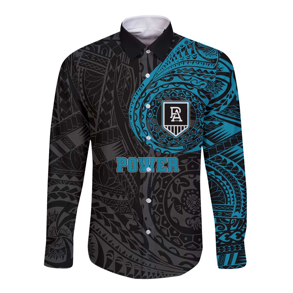 Personalized Port Adelaide Power Polynesian Long Sleeve Button Shirt Tribal Chest and Sleeve Tattoo Heritage Warrior