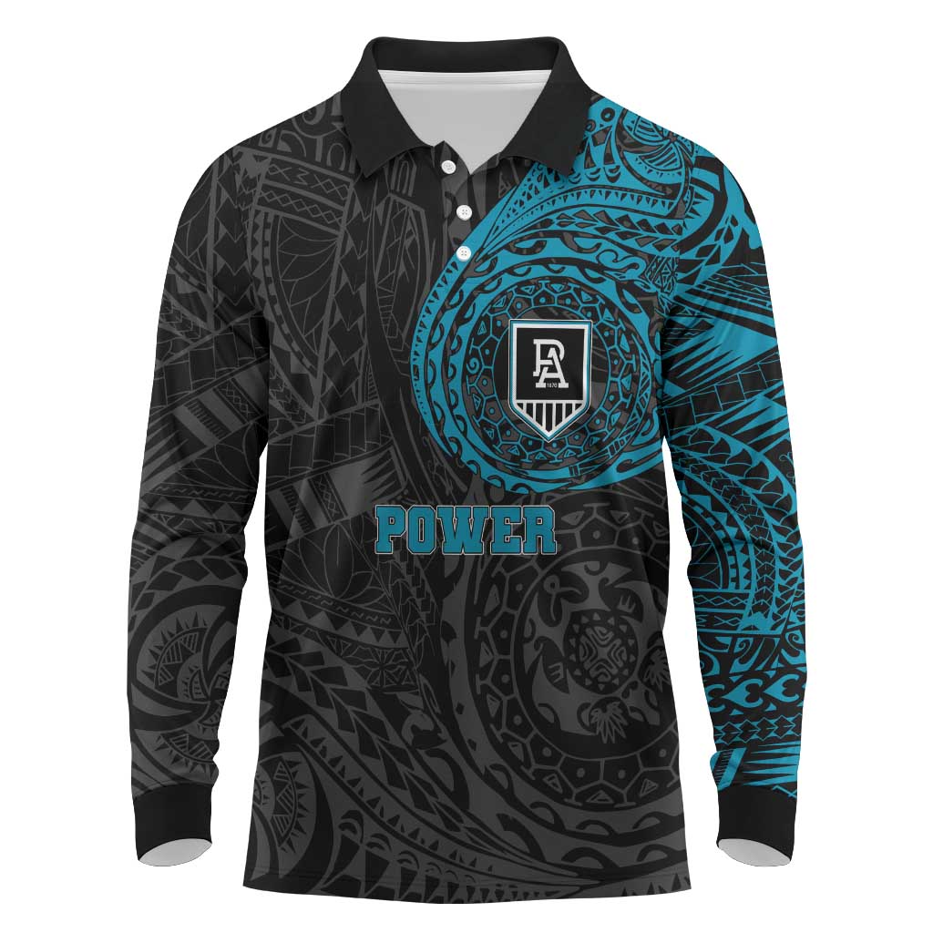 Personalized Port Adelaide Power Polynesian Long Sleeve Polo Shirt Tribal Chest and Sleeve Tattoo Heritage Warrior