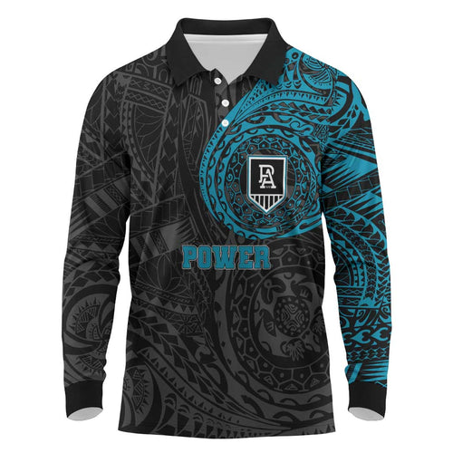 Personalized Port Adelaide Power Polynesian Long Sleeve Polo Shirt Tribal Chest and Sleeve Tattoo Heritage Warrior