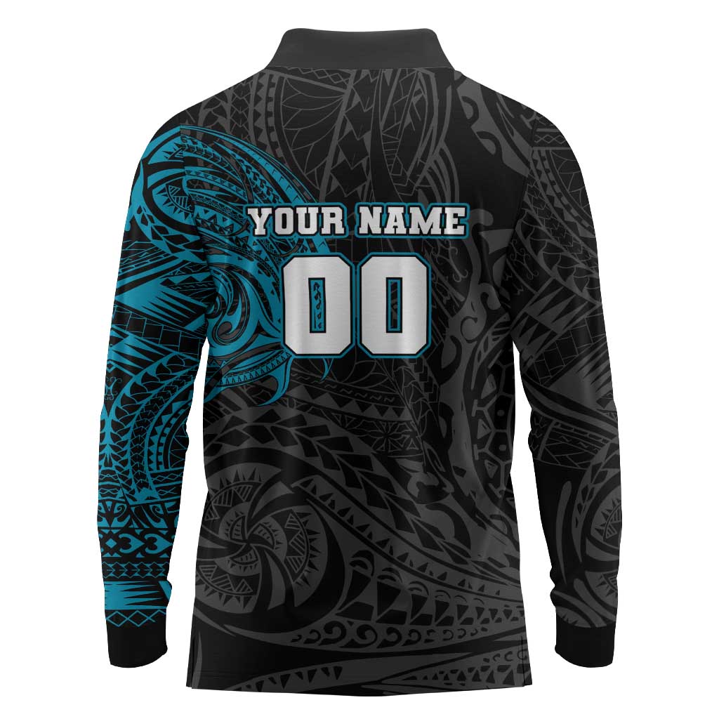 Personalized Port Adelaide Power Polynesian Long Sleeve Polo Shirt Tribal Chest and Sleeve Tattoo Heritage Warrior