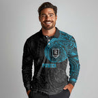 Personalized Port Adelaide Power Polynesian Long Sleeve Polo Shirt Tribal Chest and Sleeve Tattoo Heritage Warrior