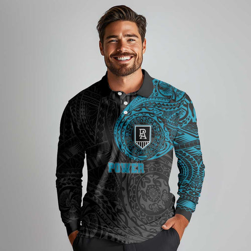 Personalized Port Adelaide Power Polynesian Long Sleeve Polo Shirt Tribal Chest and Sleeve Tattoo Heritage Warrior