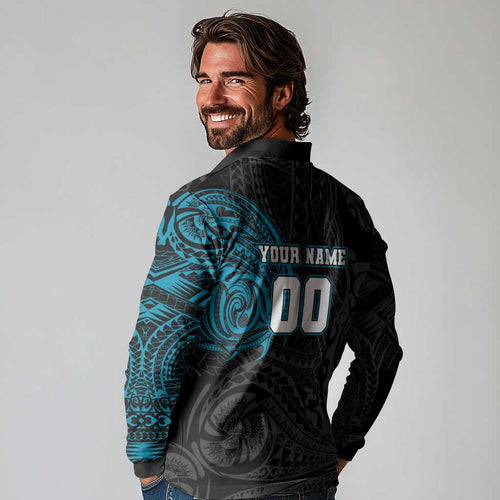 Personalized Port Adelaide Power Polynesian Long Sleeve Polo Shirt Tribal Chest and Sleeve Tattoo Heritage Warrior