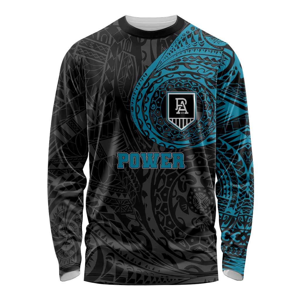 Personalized Port Adelaide Power Polynesian Long Sleeve Shirt Tribal Chest and Sleeve Tattoo Heritage Warrior