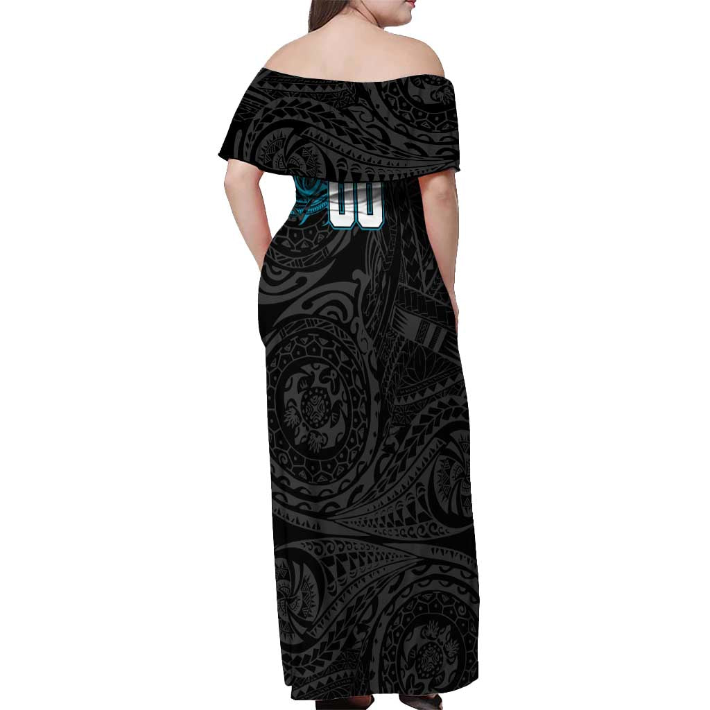 Personalized Port Adelaide Power Polynesian Off Shoulder Maxi Dress Tribal Chest and Sleeve Tattoo Heritage Warrior