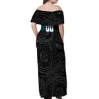 Personalized Port Adelaide Power Polynesian Off Shoulder Maxi Dress Tribal Chest and Sleeve Tattoo Heritage Warrior