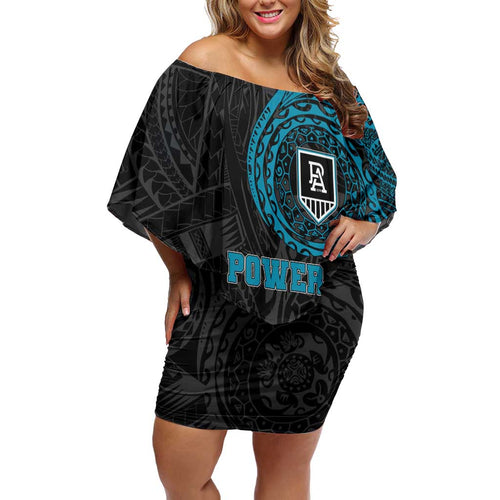Personalized Port Adelaide Power Polynesian Off Shoulder Short Dress Tribal Chest and Sleeve Tattoo Heritage Warrior
