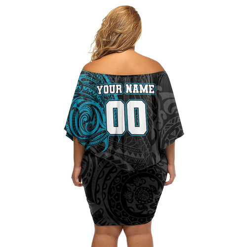 Personalized Port Adelaide Power Polynesian Off Shoulder Short Dress Tribal Chest and Sleeve Tattoo Heritage Warrior