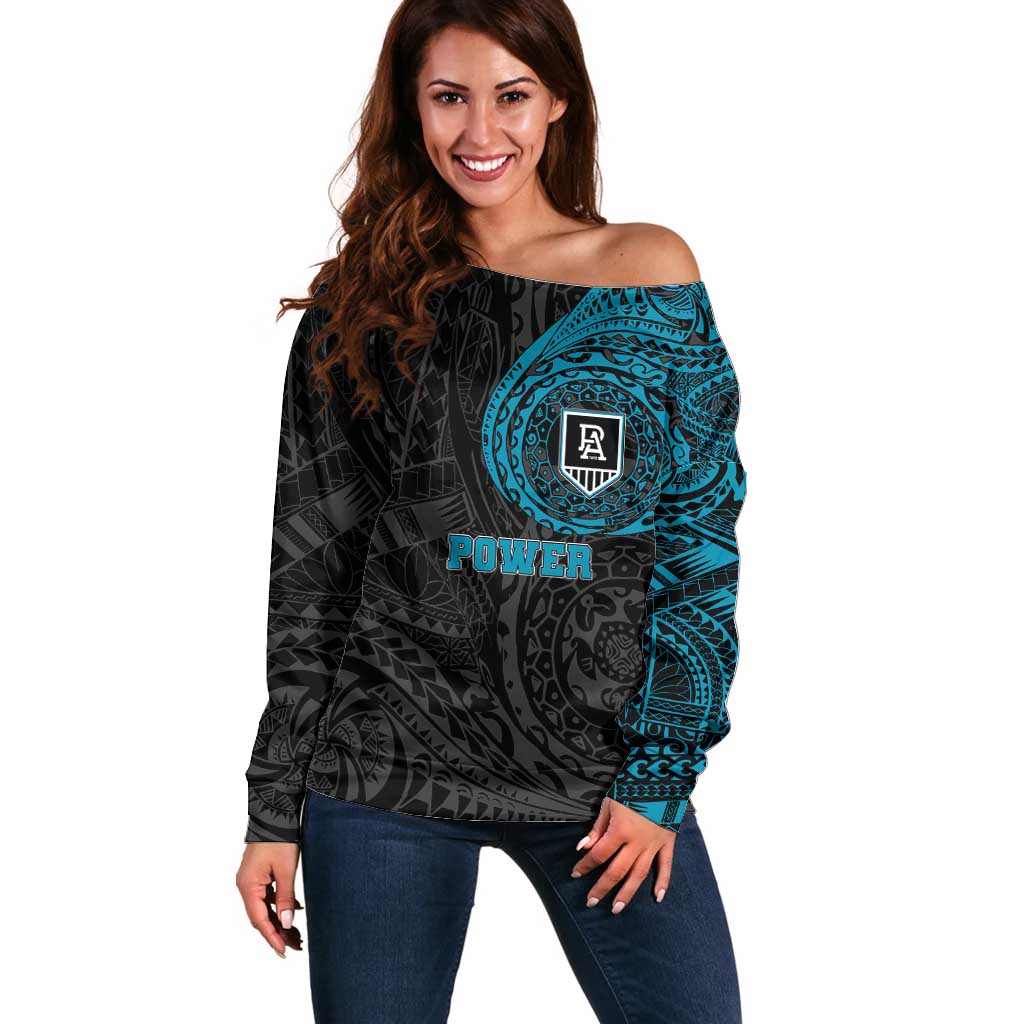 Personalized Port Adelaide Power Polynesian Off Shoulder Sweater Tribal Chest and Sleeve Tattoo Heritage Warrior